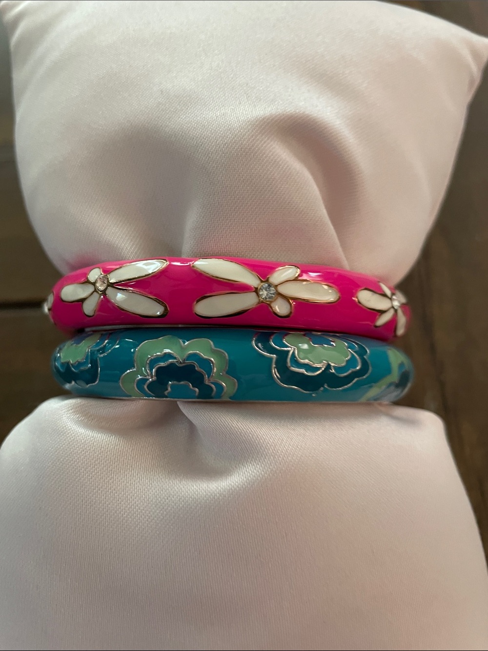 Floral Enamel Hinged Bangle Bracelets - Pink Plumeria Daisy & Teal Cloud